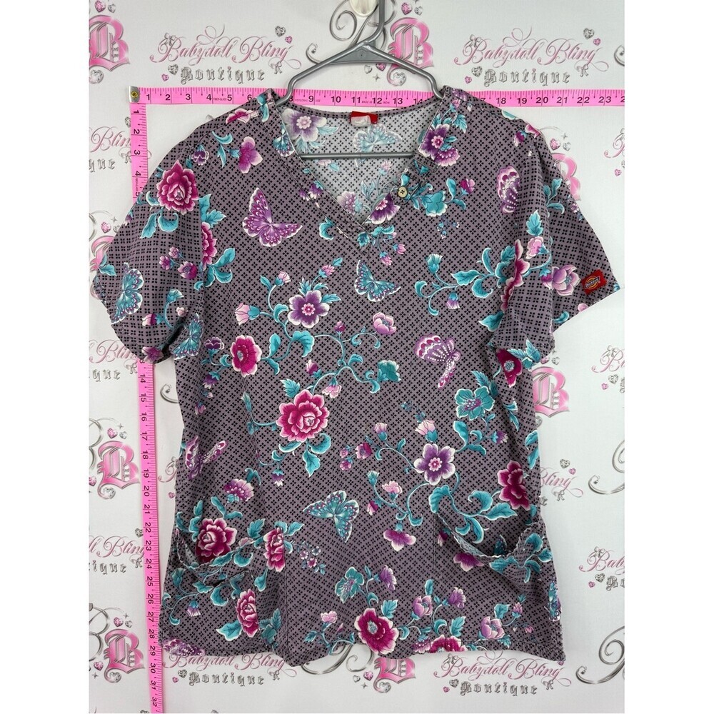 Dickies scrub top Purple Floral Scrub Top with Teal butterfly Accents